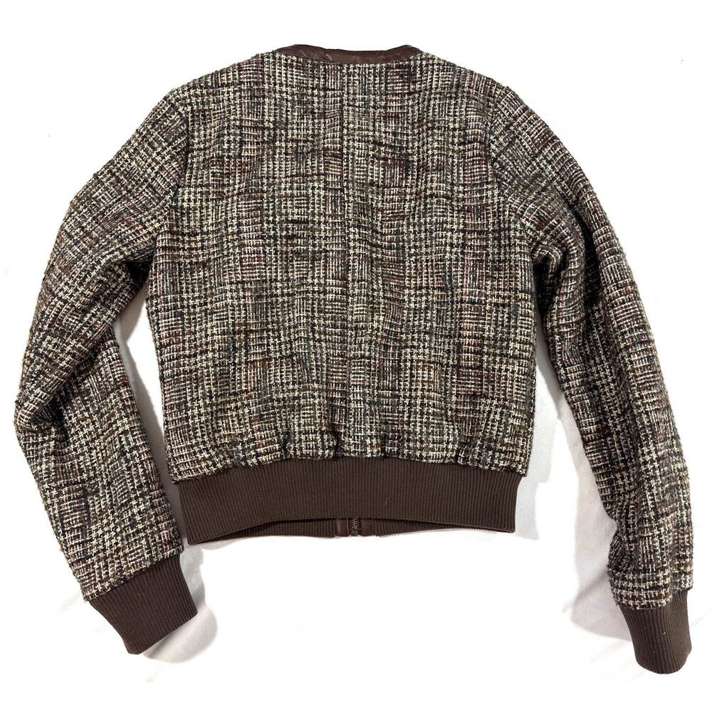 Forever 21 I Love H81 Tweed Bomber Jacket M Brown Faux Leather Zip Plaid Lined - Picture 11 of 12